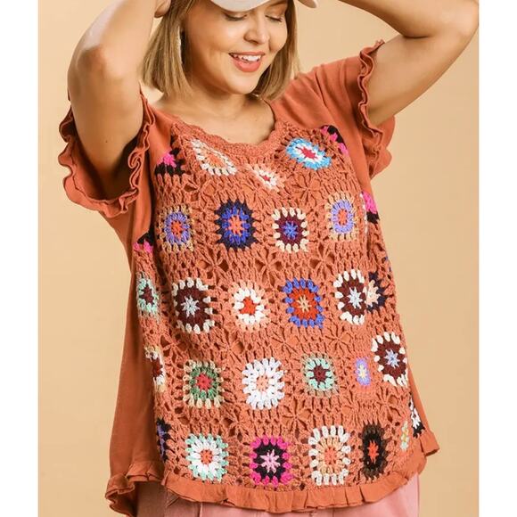 Umgee Womens XL Terracotta Linen Blend Crochet Granny Square Top NEW - Picture 1 of 3